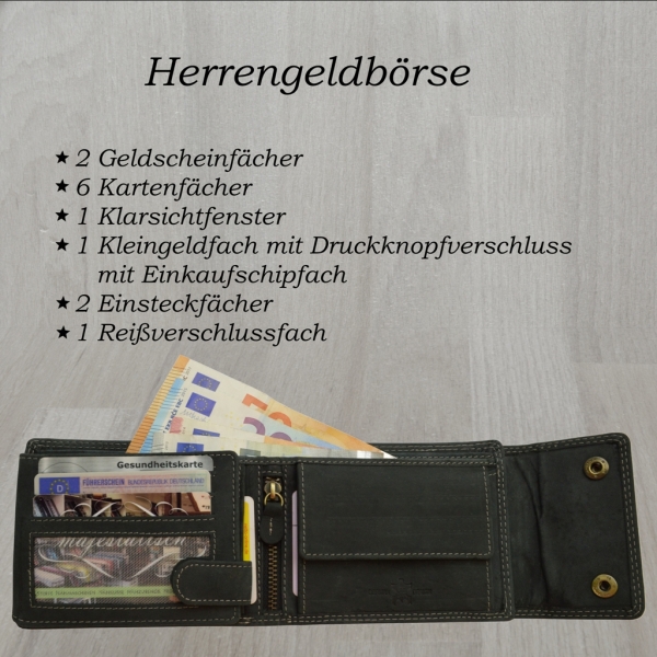 German Design Vollleder Herrenbörse Wild mit Hosenkette und Druckverschluss